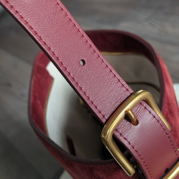 Quince Italian Suede Bucket Crossbody Leather Bag Merlot Burgundy Brass Minimal - Picture 11 of 13